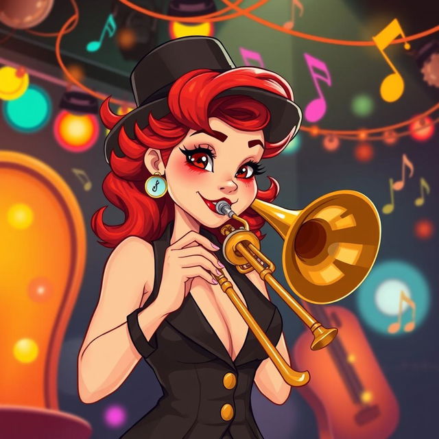 A vibrant illustration of a female character named Wendy, with a unique and stylish twist, playing a vintage trombone