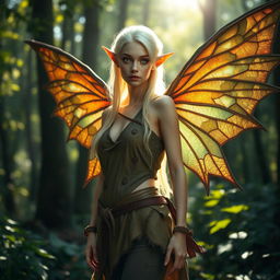A beautiful blonde fae woman with pale skin and striking green eyes stands in a serene forest setting