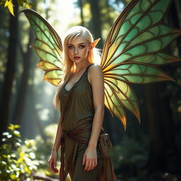 A beautiful blonde fae woman with pale skin and striking green eyes stands in a serene forest setting