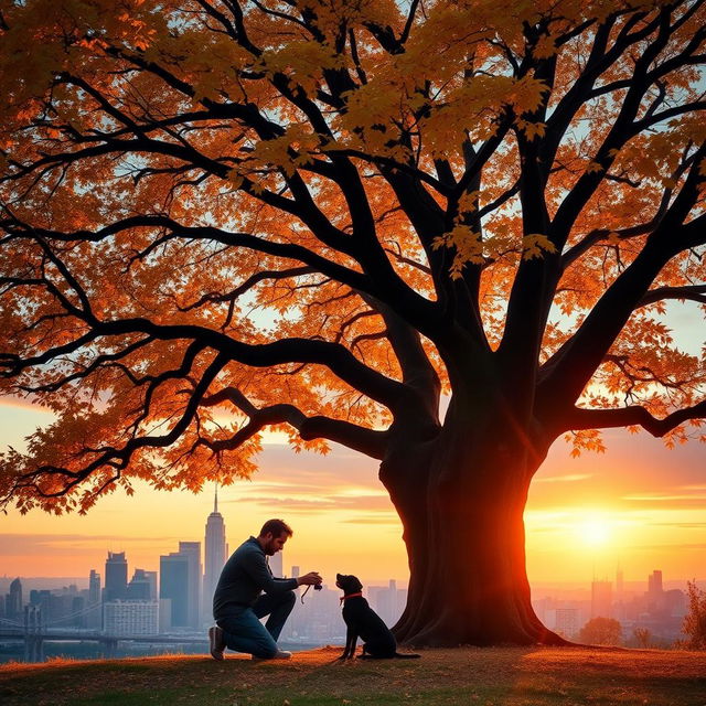 A stunning image of a majestic oak tree with sprawling branches adorned with radiant golden leaves