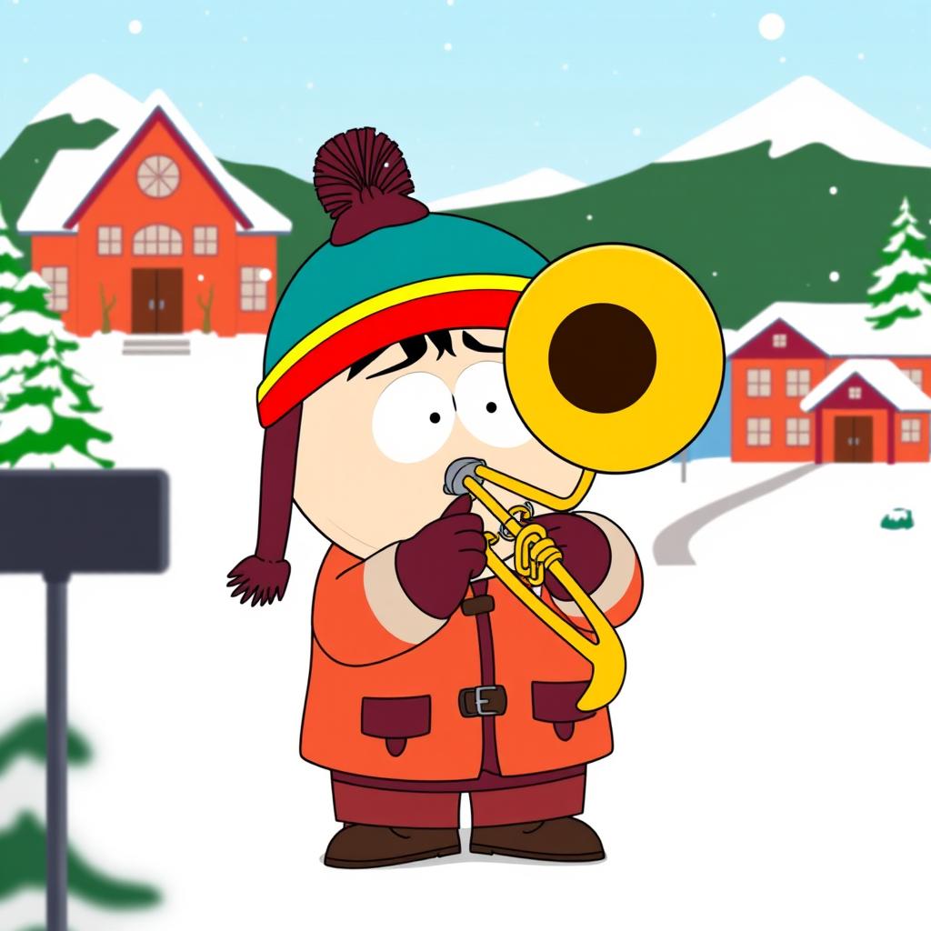 A colorful and humorous cartoon scene inspired by the style of South Park, featuring a character playing a large trombone