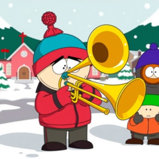 A colorful and humorous cartoon scene inspired by the style of South Park, featuring a character playing a large trombone