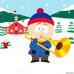 A colorful and humorous cartoon scene inspired by the style of South Park, featuring a character playing a large trombone