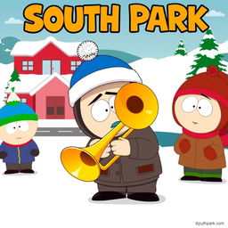 A colorful and humorous cartoon scene inspired by the style of South Park, featuring a character playing a large trombone