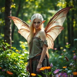 In a serene forest setting, a blonde fae woman with pale skin and captivating green eyes is depicted in the background