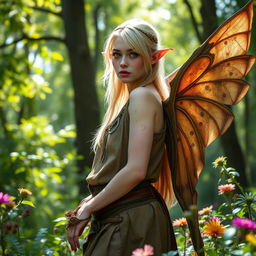 In a serene forest setting, a blonde fae woman with pale skin and captivating green eyes is depicted in the background