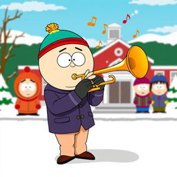 A humorous and vibrant cartoon scene inspired by South Park, featuring a character playing a trumpet