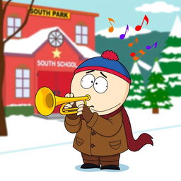 A humorous and vibrant cartoon scene inspired by South Park, featuring a character playing a trumpet