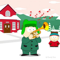 A humorous and vibrant cartoon scene inspired by South Park, featuring a character playing a trumpet