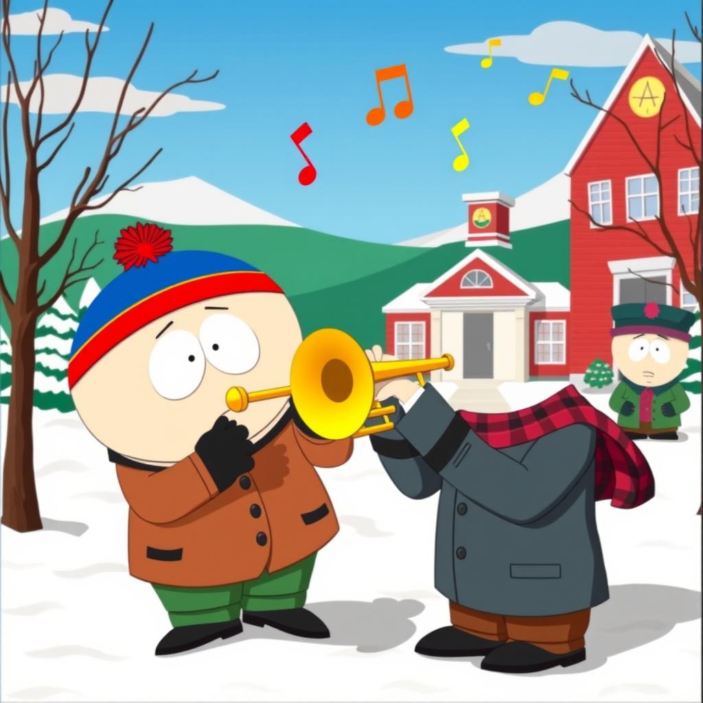 A humorous and vibrant cartoon scene inspired by South Park, featuring a character playing a trumpet