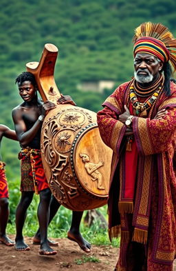 Four young Black African men energetically carrying a large, intricately carved wooden drum, showcasing their strong physique and determination