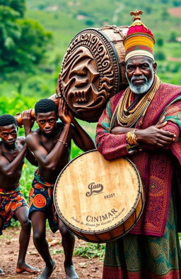 Four young Black African men energetically carrying a large, intricately carved wooden drum, showcasing their strong physique and determination