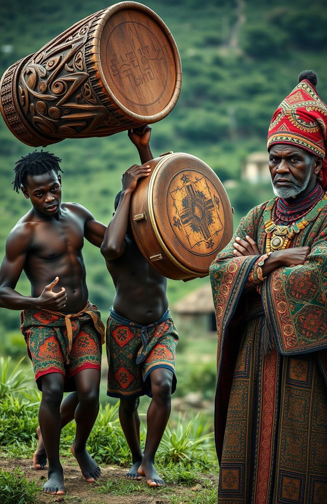 Four young Black African men energetically carrying a large, intricately carved wooden drum, showcasing their strong physique and determination