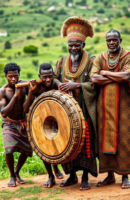 Four young Black African men energetically carrying a large, intricately carved wooden drum, showcasing their strong physique and determination