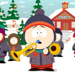 A humorous cartoon scene featuring a character styled like those in South Park, enthusiastically playing a trumpet