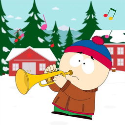 A humorous cartoon scene featuring a character styled like those in South Park, enthusiastically playing a trumpet
