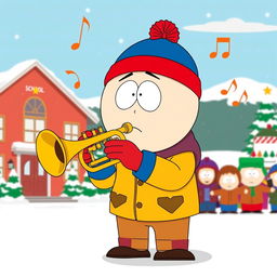 A humorous cartoon scene featuring a character styled like those in South Park, enthusiastically playing a trumpet