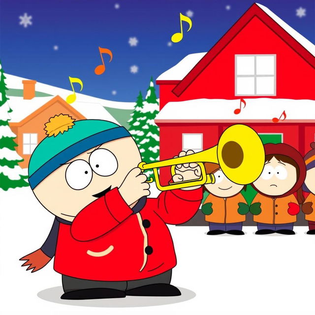 A humorous cartoon scene featuring a character styled like those in South Park, enthusiastically playing a trumpet