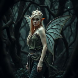 In a gloomy and mystical forest, the focus is on the dense, shadowy foliage and twisted tree trunks, creating an atmosphere of enchantment and mystery