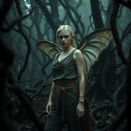 In a gloomy and mystical forest, the focus is on the dense, shadowy foliage and twisted tree trunks, creating an atmosphere of enchantment and mystery