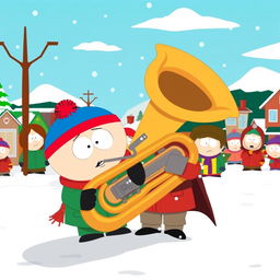 A humorous cartoon scene inspired by the style of South Park, featuring a character playing a tuba