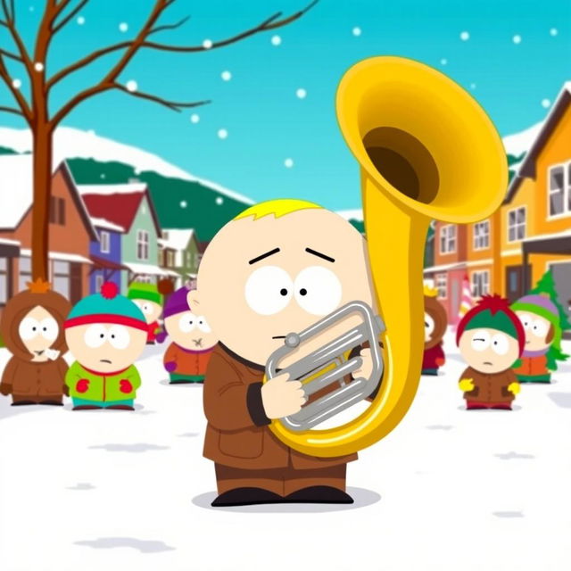 A humorous cartoon scene inspired by the style of South Park, featuring a character playing a tuba