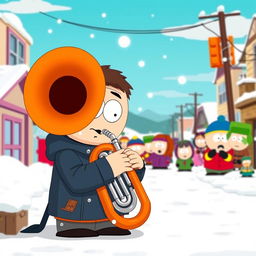 A humorous cartoon scene inspired by the style of South Park, featuring a character playing a tuba