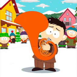 A humorous cartoon scene inspired by the style of South Park, featuring a character playing a tuba