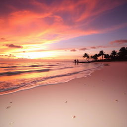 A serene beach landscape at sunset with gentle waves lapping at the shore