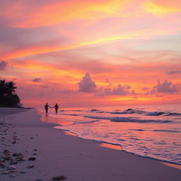 A serene beach landscape at sunset with gentle waves lapping at the shore