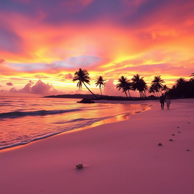 A serene beach landscape at sunset with gentle waves lapping at the shore