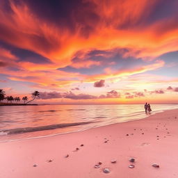 A serene beach landscape at sunset with gentle waves lapping at the shore
