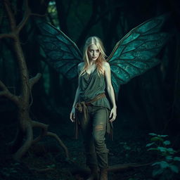 In a dark and mystical forest, the atmosphere is heavy with shadows and deep greens