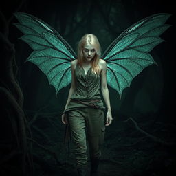 In a dark and mystical forest, the atmosphere is heavy with shadows and deep greens