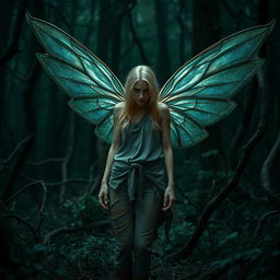 In a dark and mystical forest, the atmosphere is heavy with shadows and deep greens