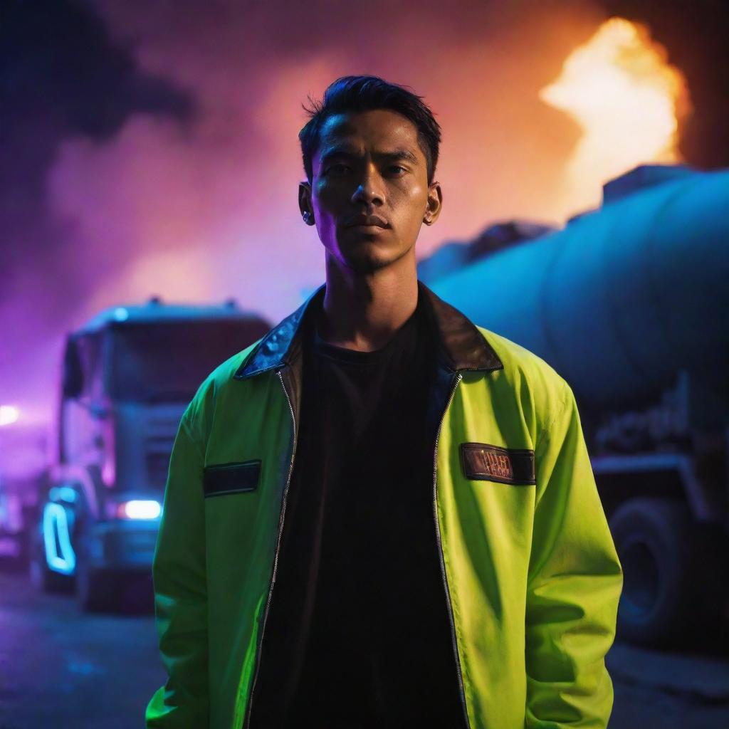 A handsome Indonesian man in a neon-lit cyberpunk city standing near an exploding gas tanker truck