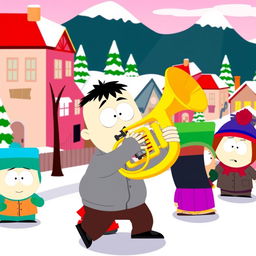 A lively cartoon scene inspired by the style of South Park, featuring a character energetically playing a French horn