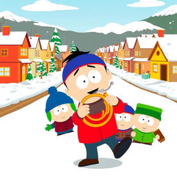 A lively cartoon scene inspired by the style of South Park, featuring a character energetically playing a French horn