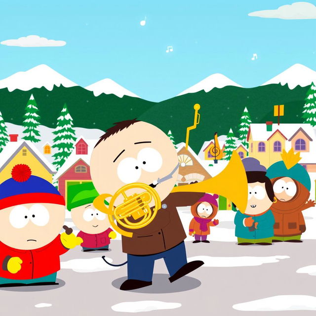 A lively cartoon scene inspired by the style of South Park, featuring a character energetically playing a French horn