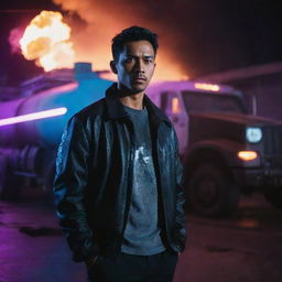 A handsome Indonesian man in a neon-lit cyberpunk city standing near an exploding gas tanker truck