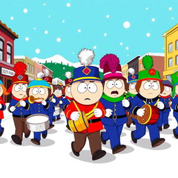 An energetic cartoon scene inspired by the style of South Park, depicting a lively marching band