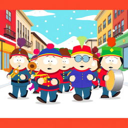 An energetic cartoon scene inspired by the style of South Park, depicting a lively marching band