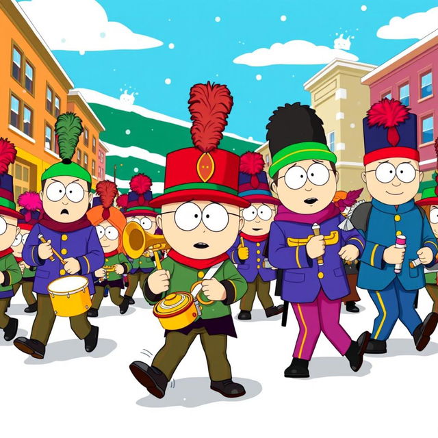 An energetic cartoon scene inspired by the style of South Park, depicting a lively marching band