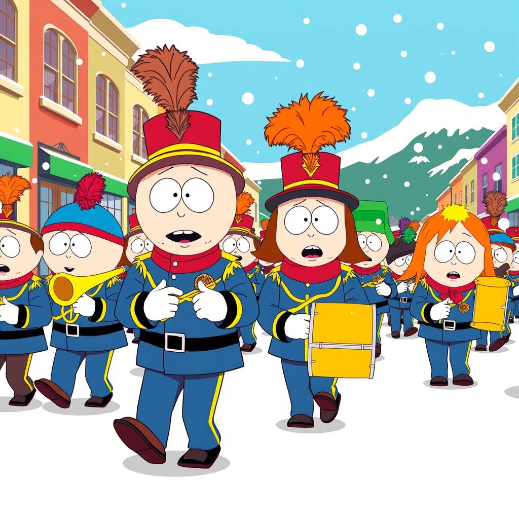 An energetic cartoon scene inspired by the style of South Park, depicting a lively marching band