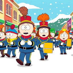 An energetic cartoon scene inspired by the style of South Park, depicting a lively marching band