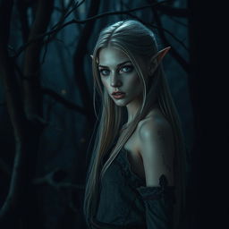 In a shadowy dark forest, the atmosphere is dense and foreboding, with eerie shadows and twisted tree branches creating a haunting backdrop