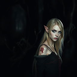 In a shadowy dark forest, the atmosphere is dense and foreboding, with eerie shadows and twisted tree branches creating a haunting backdrop