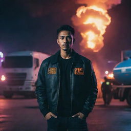 A handsome Indonesian man in a neon-lit cyberpunk city standing near an exploding gas tanker truck