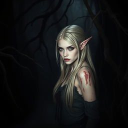 In a shadowy dark forest, the atmosphere is dense and foreboding, with eerie shadows and twisted tree branches creating a haunting backdrop