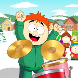 A lively cartoon scene inspired by the style of South Park, featuring a character enthusiastically playing cymbals